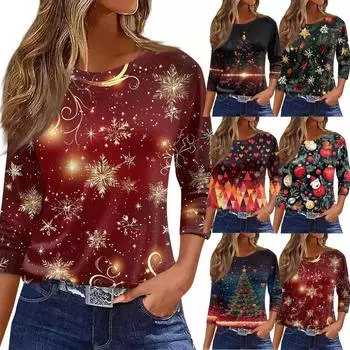 Женская футболка с рождественским принтом, рукав 3/4, повседневная, модная, на выходные, базовая, с круглым вырезом, стандартный топ XXXL чёрный