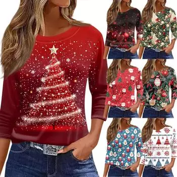 Женская футболка с рождественским принтом, рукав 3/4, повседневная, модная, на выходные, базовая, с круглым вырезом, стандартный топ M синий
