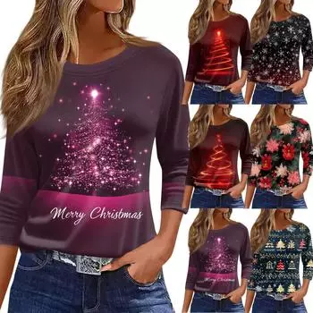 Женская футболка с рождественским принтом, рукав 3/4, повседневная, модная, на выходные, базовая, с круглым вырезом, стандартный топ S