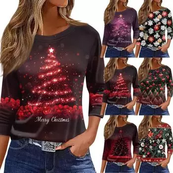 Женская футболка с рождественским принтом, рукав 3/4, повседневная, модная, на выходные, базовая, с круглым вырезом, стандартный топ L тёмно-синий