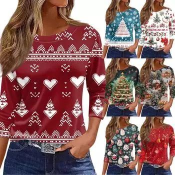 Женская футболка с рождественским принтом, рукав 3/4, повседневная, модная, на выходные, базовая, с круглым вырезом, стандартный топ L