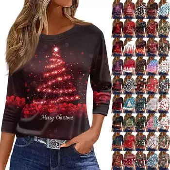 Женская футболка с рождественским принтом, рукав 3/4, повседневная, модная, на выходные, базовая, с круглым вырезом, стандартный топ S