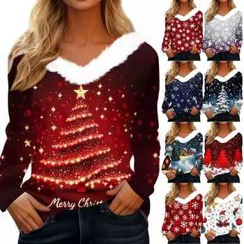 Женская футболка с рождественским принтом, вечерние рубашки с длинным рукавом, рождественский флисовый воротник, топ с v-образным вырезом S