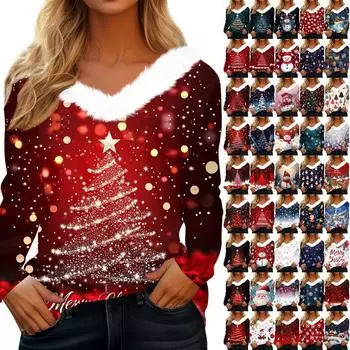 Женская футболка с рождественским принтом, вечерние рубашки с длинным рукавом, рождественский флисовый воротник, топ с v-образным вырезом XL