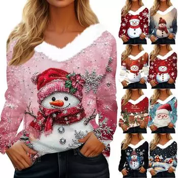 Женская футболка с рождественским принтом, вечерние рубашки с длинным рукавом, рождественский флисовый воротник, топ с v-образным вырезом S розовый