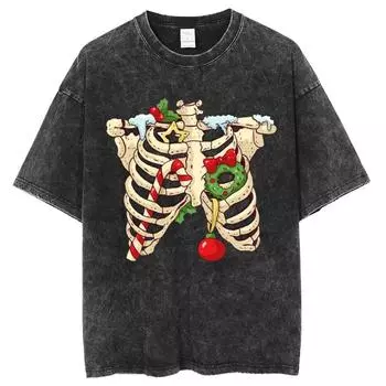 Женская футболка с рождественской тематикой, принтом черепа и рамки, свободный круглый вырез, короткий рукав, забавный повседневный дизайн, топ S