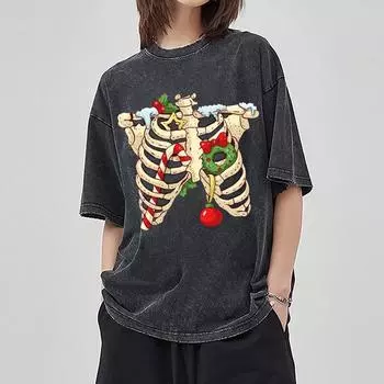 Женская футболка с рождественской тематикой, принтом черепа и рамки, свободный круглый вырез, короткий рукав, забавный повседневный дизайн, топ S