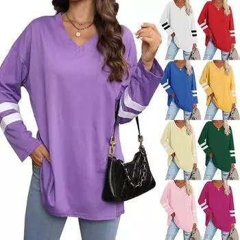 Женская футболка с рукавами-хомутами и V-образным вырезом, контрастный цвет, женский топ с длинным рукавом, женские футболки S чёрный