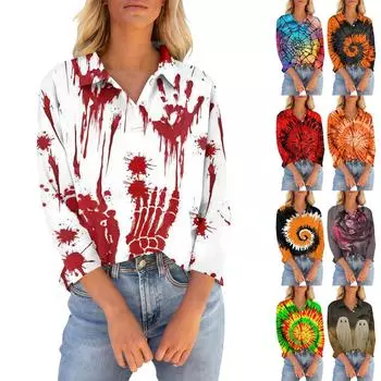 Женская футболка с рукавами семь четвертей, V-образным вырезом, застегивающаяся на пуговицы, с принтом свободного кроя на Хэллоуин L синий