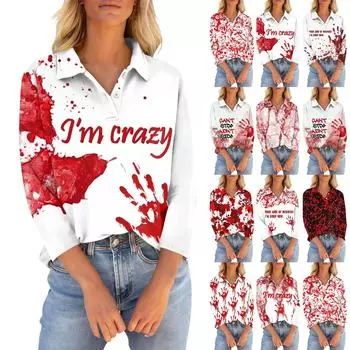 Женская футболка с рукавами семь четвертей, V-образным вырезом, застегивающаяся на пуговицы, с принтом свободного кроя на Хэллоуин L бежевый