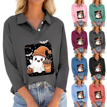 Женская футболка с рукавами семь четвертей, V-образным вырезом, застегивающаяся на пуговицы, с принтом свободного кроя на Хэллоуин XL оранжевый