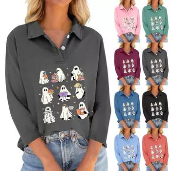 Женская футболка с рукавами семь четвертей, V-образным вырезом, застегивающаяся на пуговицы, с принтом свободного кроя на Хэллоуин S серый