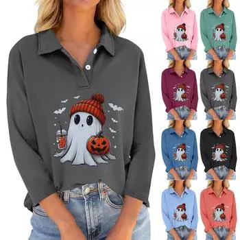 Женская футболка с рукавами семь четвертей, V-образным вырезом, застегивающаяся на пуговицы, с принтом свободного кроя на Хэллоуин M серый