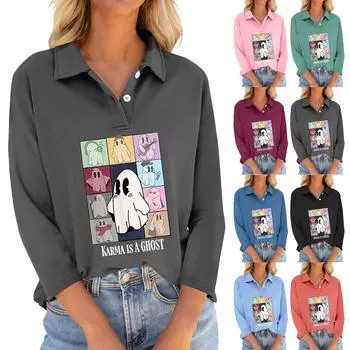 Женская футболка с рукавами семь четвертей, V-образным вырезом, застегивающаяся на пуговицы, с принтом свободного кроя на Хэллоуин M оранжевый