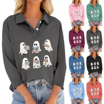 Женская футболка с рукавами семь четвертей, V-образным вырезом, застегивающаяся на пуговицы, с принтом свободного кроя на Хэллоуин XL чёрный