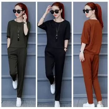 Женская футболка с рукавами три четверти + брючный костюм до щиколотки 2 шт. / Компл. XXXXL чёрный