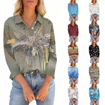 Женская футболка с рукавом четверть, рубашка с v-образным вырезом на пуговицах, свободный топ с винтажным цветочным принтом XXXL