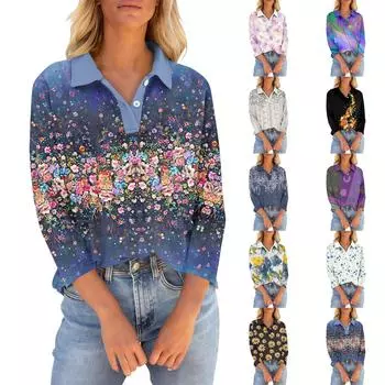 Женская футболка с рукавом четверть, рубашка с v-образным вырезом на пуговицах, свободный топ с винтажным цветочным принтом S бежевый