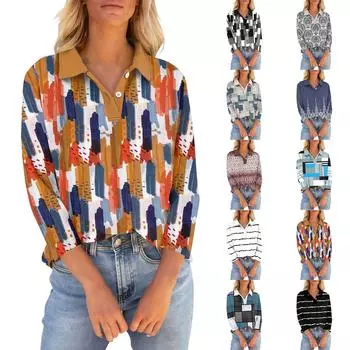 Женская футболка с рукавом четверть, рубашка с v-образным вырезом на пуговицах, свободный топ с винтажным цветочным принтом L чёрный