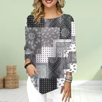 Женская футболка с рукавом три четверти и круглым вырезом, свободные рубашки, повседневные футболки с принтом из кешью XS фиолетовый