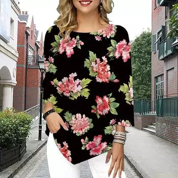 Женская футболка с рукавом три четверти и круглым вырезом, свободные рубашки, повседневные футболки с принтом цветов бегонии XS розовый