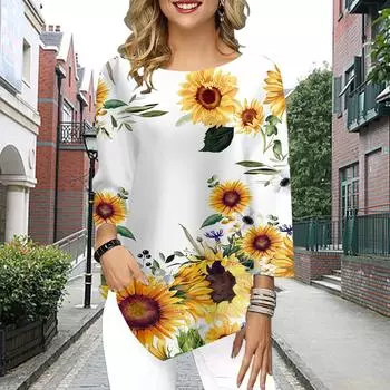 Женская футболка с рукавом три четверти и круглым вырезом, свободные рубашки, повседневные футболки с принтом «Подсолнух» XS зелёный