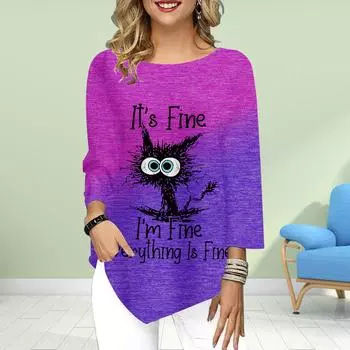 Женская футболка с рукавом три четверти и круглым вырезом, свободные рубашки, повседневные футболки с принтом кошки Мао-Мао XS розовый