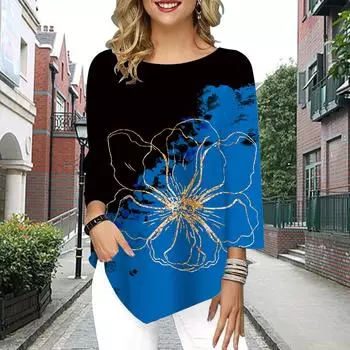 Женская футболка с рукавом три четверти и круглым вырезом, свободные рубашки, повседневные футболки с принтом в виде большого цветка на синем фоне XS синий
