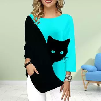 Женская футболка с рукавом три четверти и круглым вырезом, свободные рубашки, повседневные футболки с принтом «Холодный и мрачный кот» XS розовый