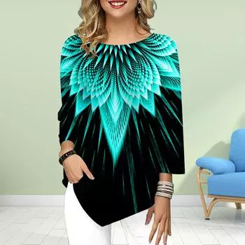 Женская футболка с рукавом три четверти и круглым вырезом, свободные рубашки, повседневные футболки с принтом цветущих цветов XS зелёный