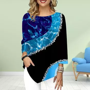 Женская футболка с рукавом три четверти и круглым вырезом, свободные рубашки, повседневные футболки с принтом в виде светящегося стекла XS синий