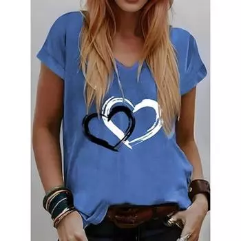 Женская футболка с сердечками в стиле «Валентин» Базовые обычные топы с коротким рукавом и V-образным вырезом с принтом Стандартный крой Топ выходного дня в честь Дня святого Валентина S