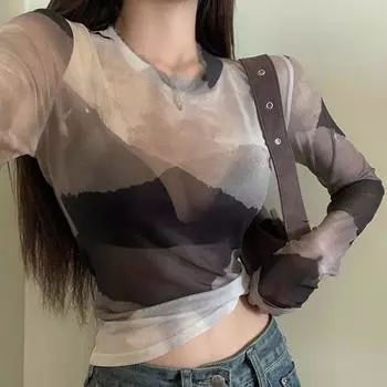 Женская футболка с солнцезащитным кремом, прозрачный топ из марли с принтом тай-дай с круглым вырезом и длинными рукавами One Size