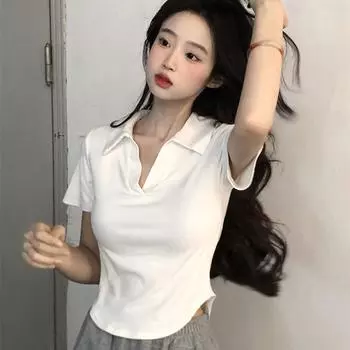 Женская футболка с тонким дизайном, V-образным вырезом, отложным воротником и коротким рукавом, женская летняя футболка Sense French Sweet and Spicy Top M белый