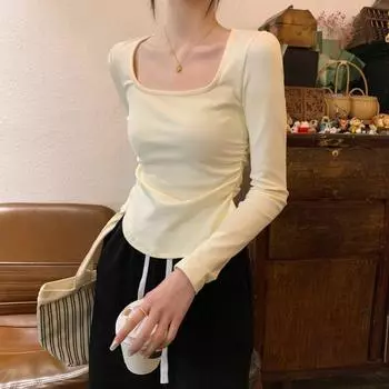 Женская футболка с тонкими длинными рукавами, 2023, облегающим кроем, морщинистым низом и верхом с закругленным краем S