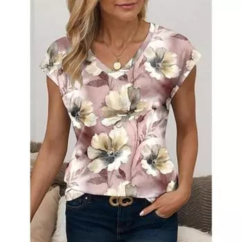 Женская футболка с тропическим модным цветочным принтом, короткий рукав, обычные топы с V-образным вырезом, повседневная розовая летняя S