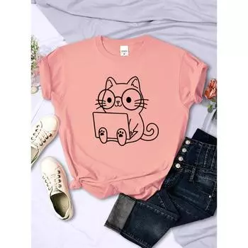 Женская футболка с Тщательным изучением работы, эскизы кошек, индивидуальная трендовая повседневная футболка, одежда, уличные креативные топы, женские топы с коротким рукавом S