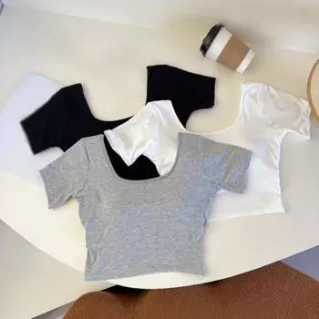 Женская футболка с U-образным вырезом, открытой спиной и накладкой на грудь, однотонные топы с коротким рукавом One Size чёрный