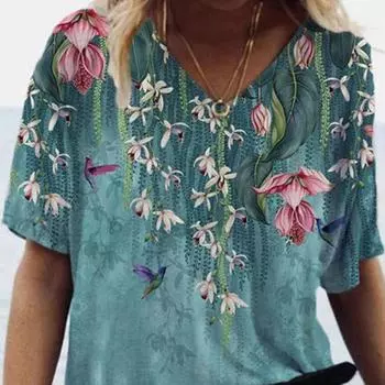 Женская футболка с укороченным топом и графическим принтом, новинка 2024 года, летняя, с коротким рукавом и v-образным вырезом, повседневный свободный топ большого размера, женская уличная одежда, размер топа L