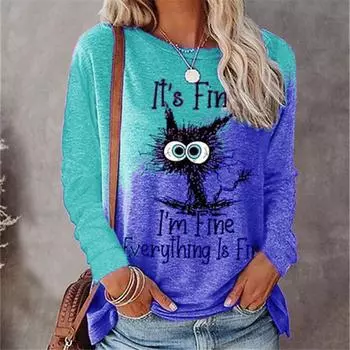 Женская футболка с универсальным буквенным котом и цифровым принтом, повседневная одежда, футболки с длинными рукавами, одинаковые по цвету, женская осенняя повседневная одежда XL