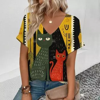 Женская футболка с V-образным вырезом, элегантная футболка с забавным рисунком кошек, модный принт, летняя футболка для отдыха, популярная женская футболка с короткими рукавами S