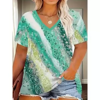 Женская футболка с V-образным вырезом, элегантный 3D градиентный кристаллический принт, короткий рукав, повседневные футболки S