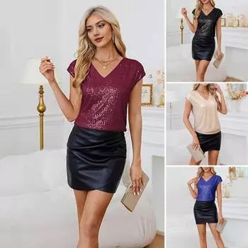 Женская футболка с V-образным вырезом без рукавов, блестящая футболка с пайетками, однотонная свободная футболка-пуловер, топы на каждый день S чёрный