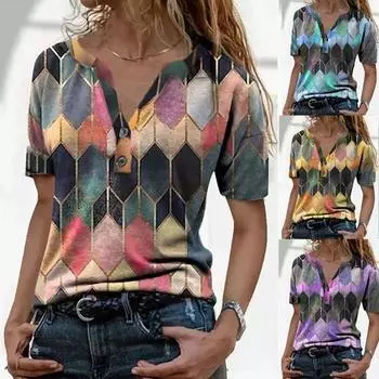 Женская футболка с V-образным вырезом, геометрическим шестигранником, хлопковая блузка с короткими рукавами и пуговицами, топ для работы M синий