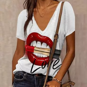 Женская футболка с V-образным вырезом и короткими рукавами, одежда с принтом сексуальных губ, Харадзюку, ретро, свободного кроя, дизайнерская модель S
