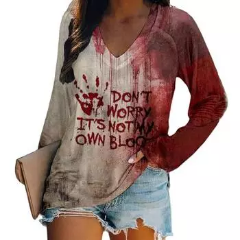 Женская футболка с V-образным вырезом и длинным рукавом с принтом «кровавые буквы», свободный крой, пуловер на Хэллоуин, топы, уличная одежда XXXL