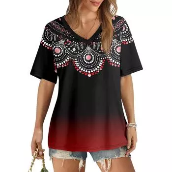 Женская футболка с V-образным вырезом и коротким рукавом с принтом, повседневная свободная футболка, топ XXL