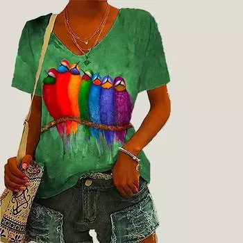Женская футболка с v-образным вырезом и короткими рукавами, с принтом «Семь птиц», свободная футболка, повседневная рубашка XS зелёный
