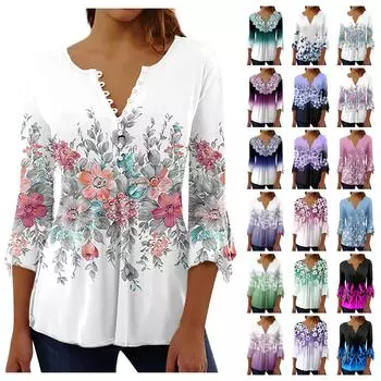 Женская футболка с v-образным вырезом и коротким рукавом с цветочным принтом и пуговицами L синий