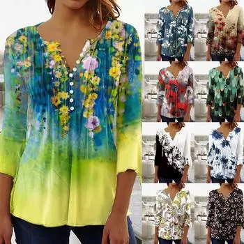 Женская футболка с v-образным вырезом и коротким рукавом с цветочным принтом и пуговицами M тёмно-синий